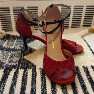 Red Leather Tango Shoes—  Peep-Toe Heels with Ankle Strap